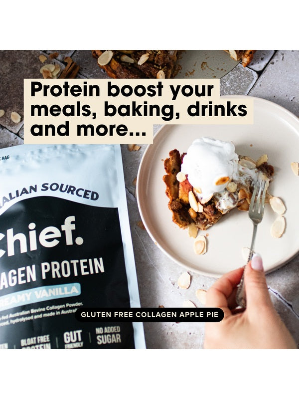 Gluten-free apple pie made with CHIEF Creamy Vanilla Collagen Protein