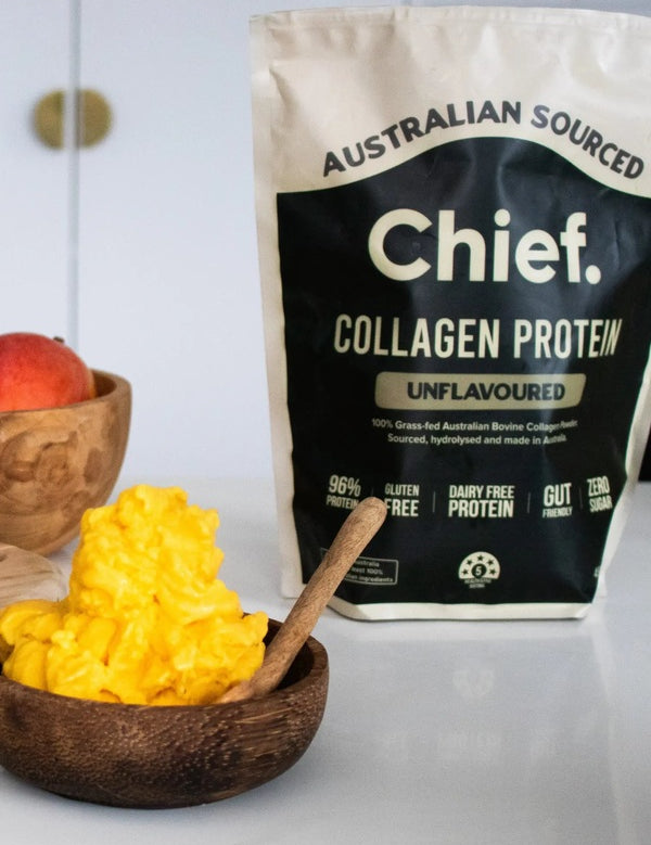 CHIEF Unflavoured Collagen Protein styled with a nourishing breakfast