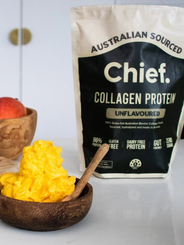 CHIEF Unflavoured Collagen Protein styled with a nourishing breakfast