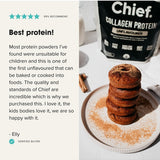 Customer review beside a baked treat made with CHIEF Unflavoured Collagen