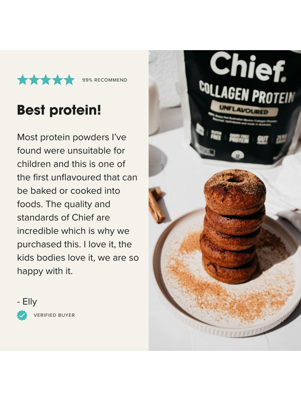 Customer review beside a baked treat made with CHIEF Unflavoured Collagen