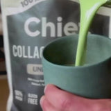 Green drink being poured with CHIEF Unflavoured Collagen Protein