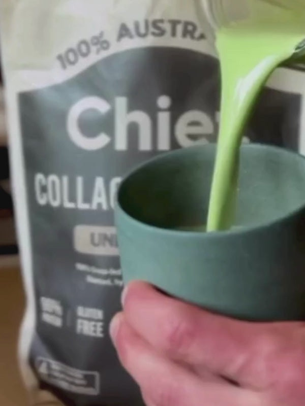 Green drink being poured with CHIEF Unflavoured Collagen Protein