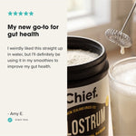 Customer review with CHIEF Colostrum Powder and a prepared drink
