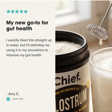 Customer review with CHIEF Colostrum Powder and a prepared drink
