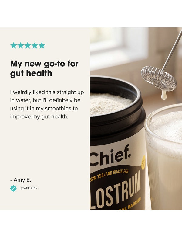 Customer review with CHIEF Colostrum Powder and a prepared drink