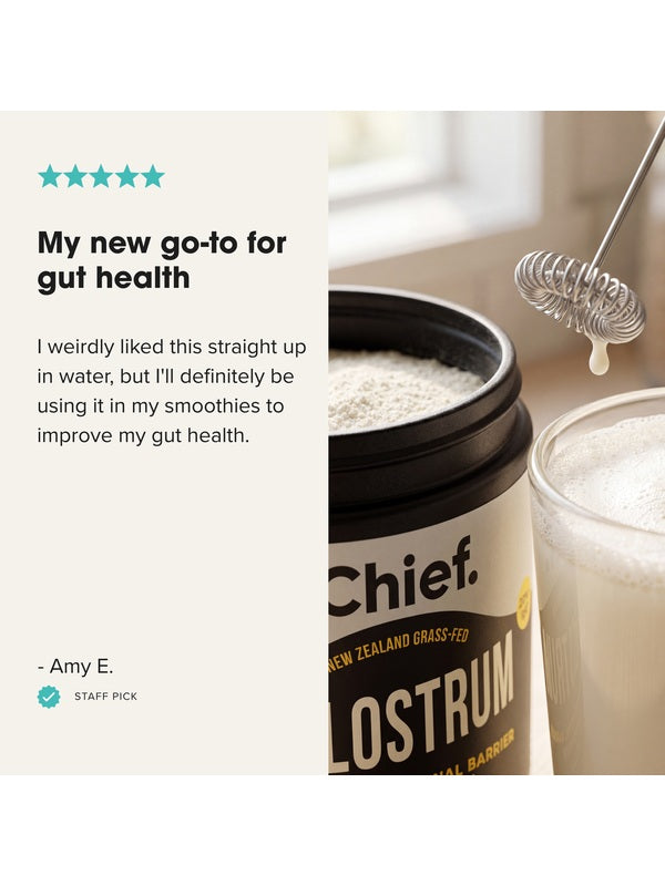 Customer review with CHIEF Colostrum Powder and a prepared drink