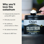 Benefits of CHIEF Colostrum Powder with a measured scoop
