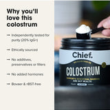 Benefits of CHIEF Colostrum Powder with a measured scoop