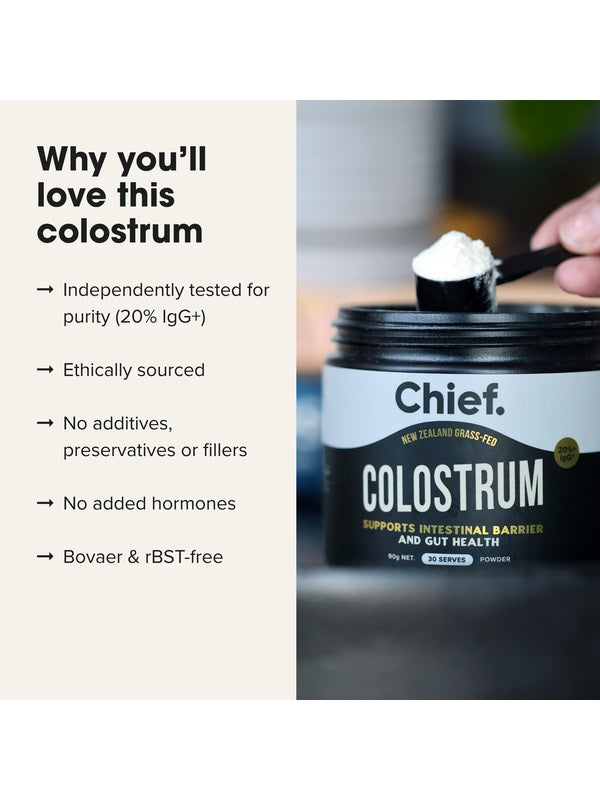 Benefits of CHIEF Colostrum Powder with a measured scoop