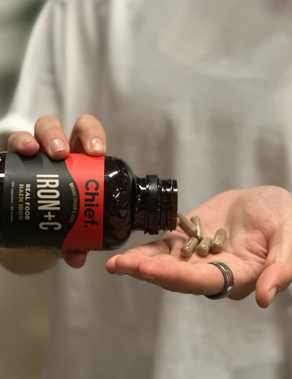 CHIEF Iron+C bottle pouring capsules into a hand