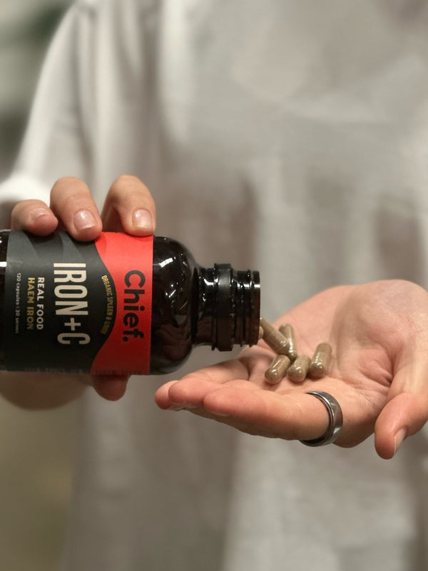 CHIEF Iron+C bottle pouring capsules into a hand