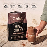 CHIEF dark chocolate Meal Shake served beside the pouch