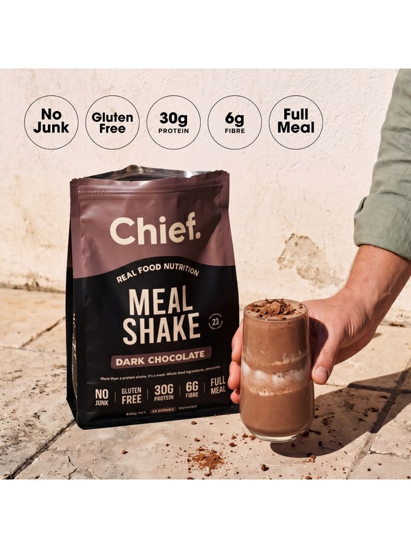 CHIEF dark chocolate Meal Shake served beside the pouch