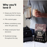 Person holding a blender jug and a creamy drink beside a Chief Dark Chocolate Meal Shake pouch. The benefit list claims lasting fullness, fewer cravings, filling nutrient gaps, easier consistency when busy, better food choices and sustained energy.