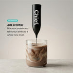 CHIEF frother mixing a dark chocolate Meal Shake