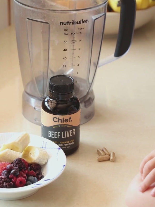 CHIEF Organic Beef Liver Capsules beside a breakfast blender
