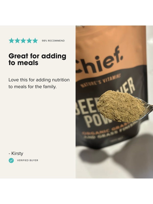 Customer review with a spoonful of CHIEF Organic Beef Liver Powder