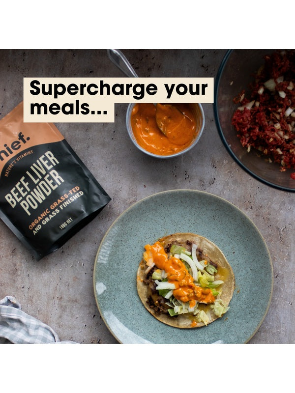 CHIEF Organic Beef Liver Powder served with a prepared meal