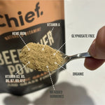 Spoonful of CHIEF Organic Beef Liver Powder with ingredient callouts