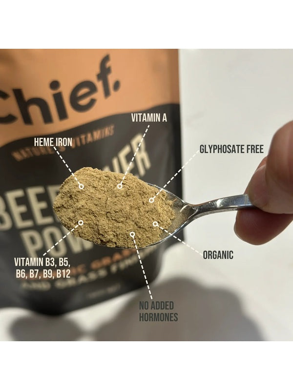 Spoonful of CHIEF Organic Beef Liver Powder with ingredient callouts