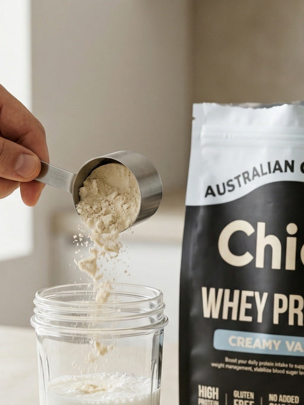 Chief Creamy Vanilla Whey Protein being added to a drink