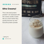 Customer review with a drink made from CHIEF Creamy Vanilla Whey Protein