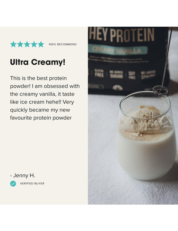 Customer review with a drink made from CHIEF Creamy Vanilla Whey Protein