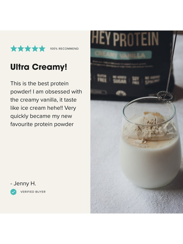 Customer review with a drink made from CHIEF Creamy Vanilla Whey Protein