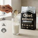 CHIEF Creamy Vanilla Whey Protein being added to a glass