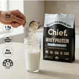 CHIEF Creamy Vanilla Whey Protein being added to a glass