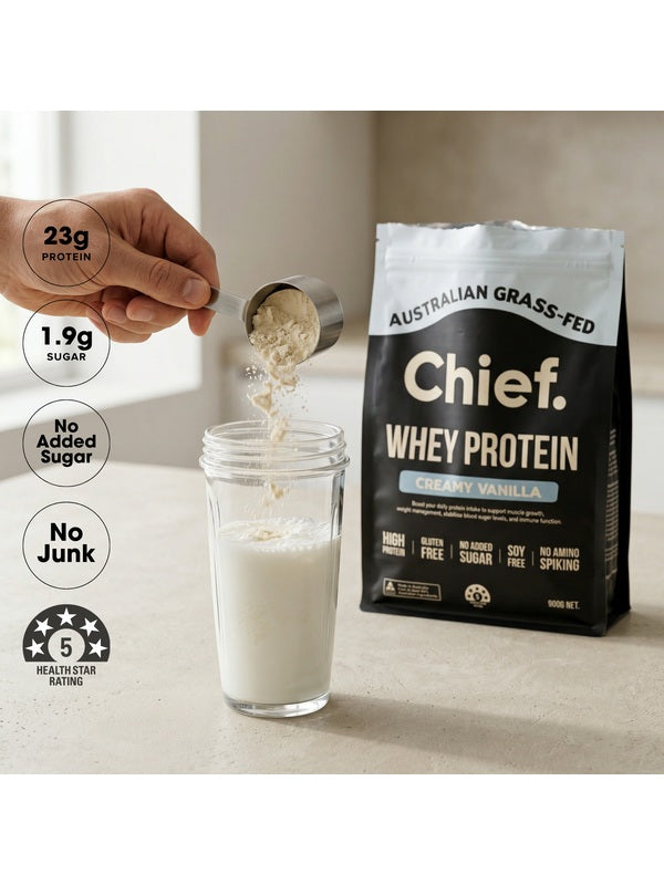 CHIEF Creamy Vanilla Whey Protein being added to a glass