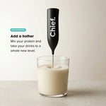 CHIEF frother mixing a creamy vanilla whey drink