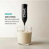 CHIEF frother mixing a creamy vanilla whey drink