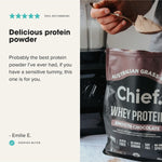 Customer review with CHIEF Smooth Chocolate Whey Protein being prepared