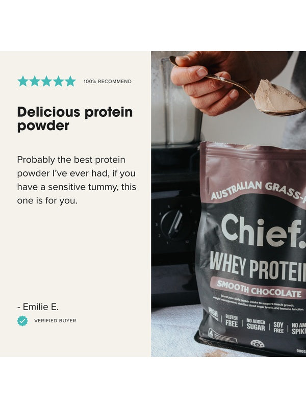 Customer review with CHIEF Smooth Chocolate Whey Protein being prepared