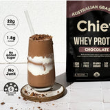 CHIEF Smooth Chocolate Whey Protein beside a chocolate shake