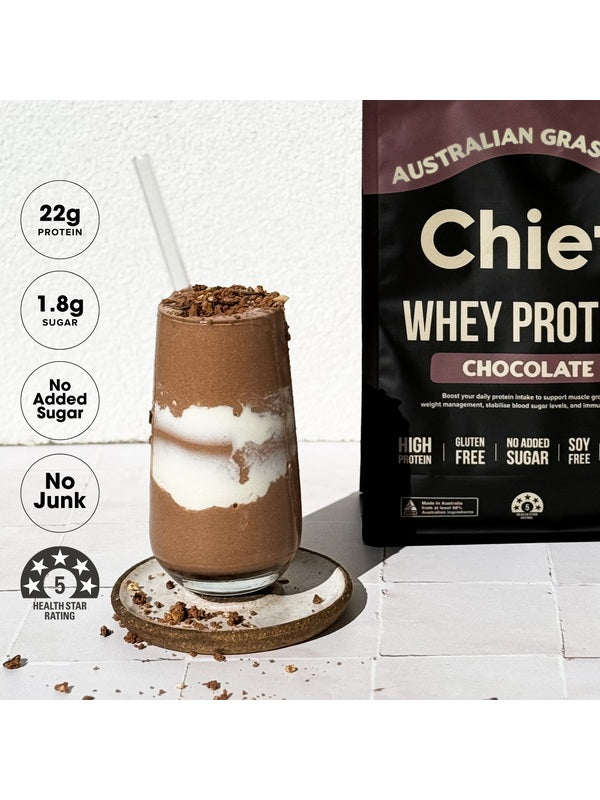 CHIEF Smooth Chocolate Whey Protein beside a chocolate shake