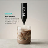 CHIEF frother mixing a smooth chocolate whey drink