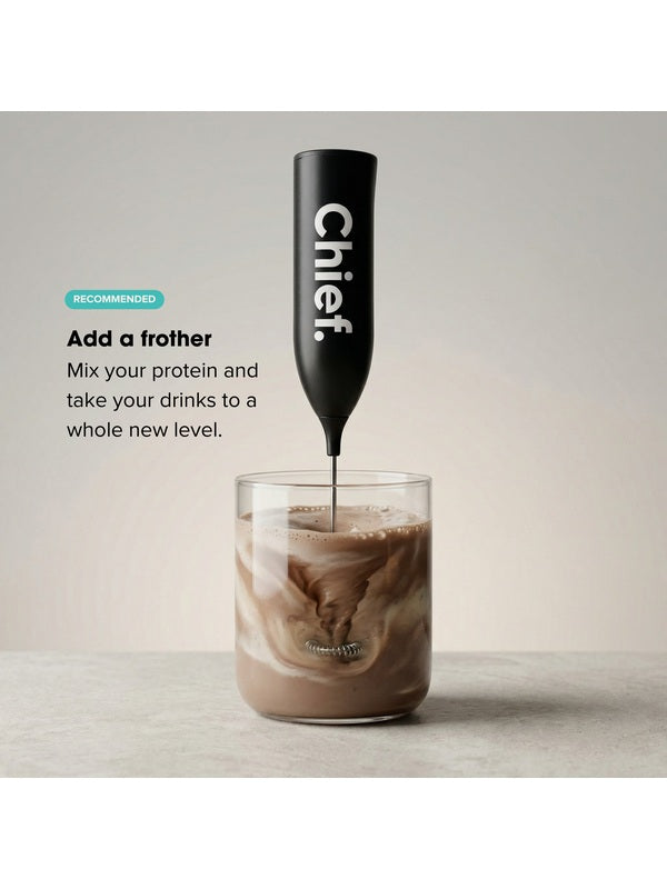 CHIEF frother mixing a smooth chocolate whey drink