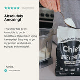 Spoonful of Chief Unflavoured Whey Protein held beside a blender and pouch, with a five-star review from verified buyer Anni B. She says she adds it to daily smoothies as an easy way to get protein while building muscle. The graphic states 100% recommend.