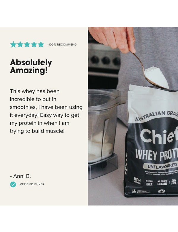 Customer review with CHIEF Unflavoured Whey Protein being blended
