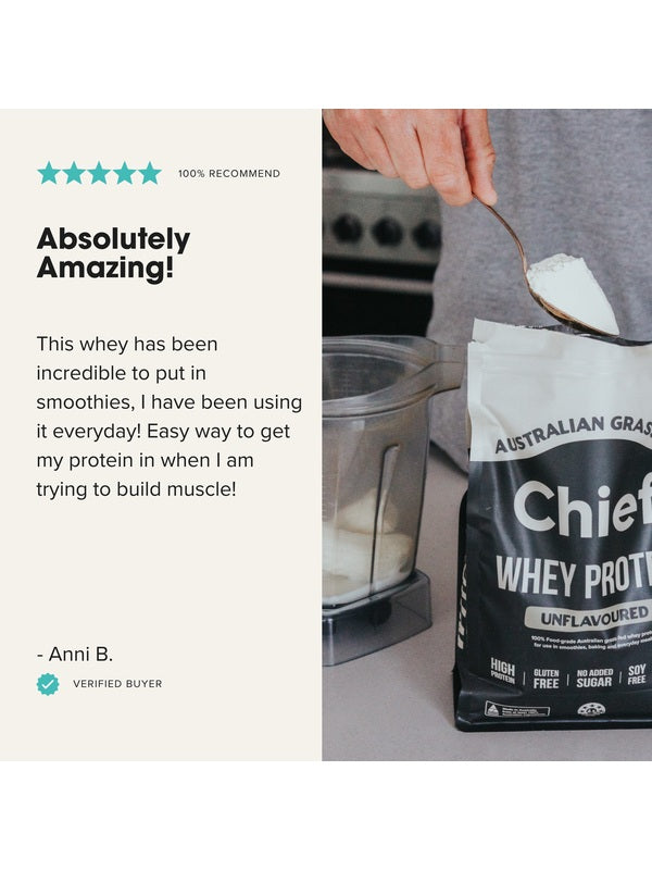 Spoonful of Chief Unflavoured Whey Protein held beside a blender and pouch, with a five-star review from verified buyer Anni B. She says she adds it to daily smoothies as an easy way to get protein while building muscle. The graphic states 100% recommend.