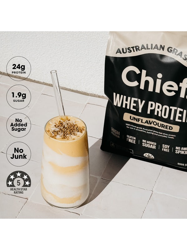 Tall layered pale yellow and white shake topped with granola beside a Chief Unflavoured Whey Protein pouch. Graphic badges state 24g protein, 1.9g sugar, no added sugar, no junk and a five-star health rating.