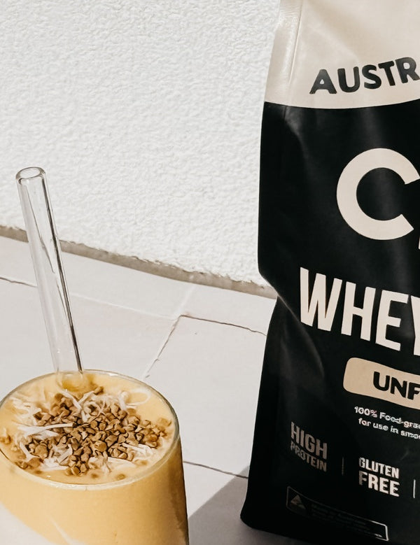 Chief Unflavoured Whey Protein with prepared drink