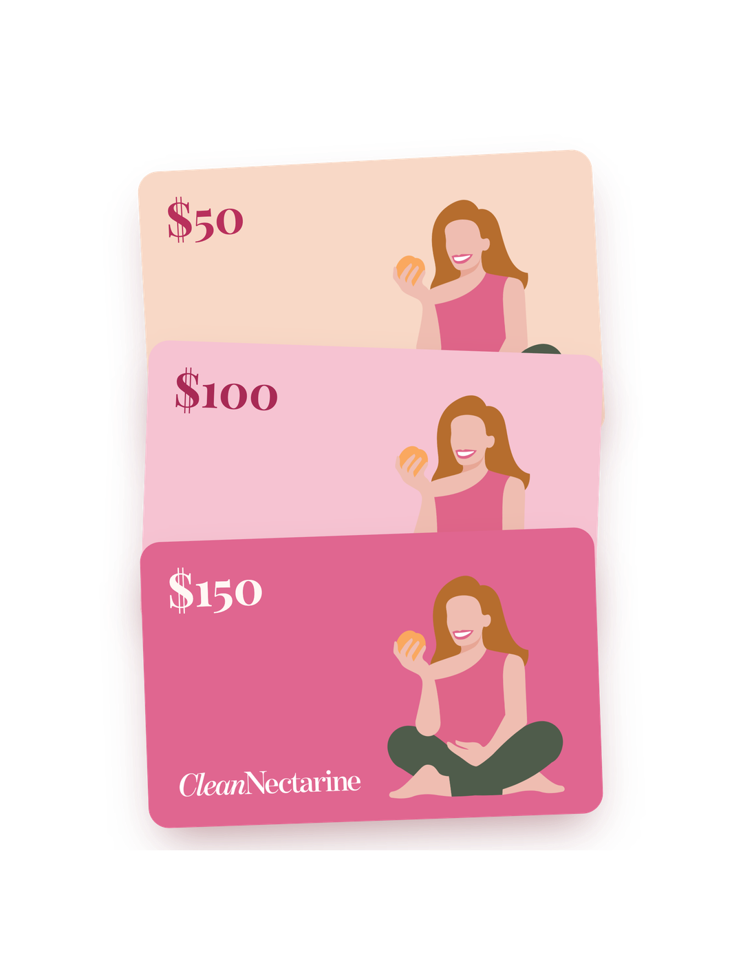 Clean Nectarine gift cards in peach and pink with illustrated nectarine artwork.