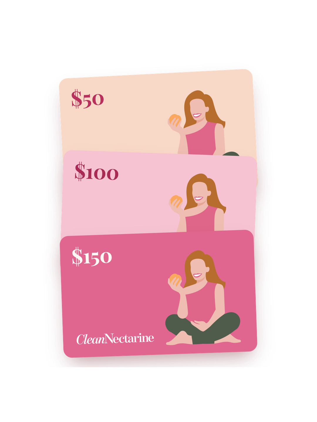 Clean Nectarine gift cards in peach and pink with illustrated nectarine artwork.