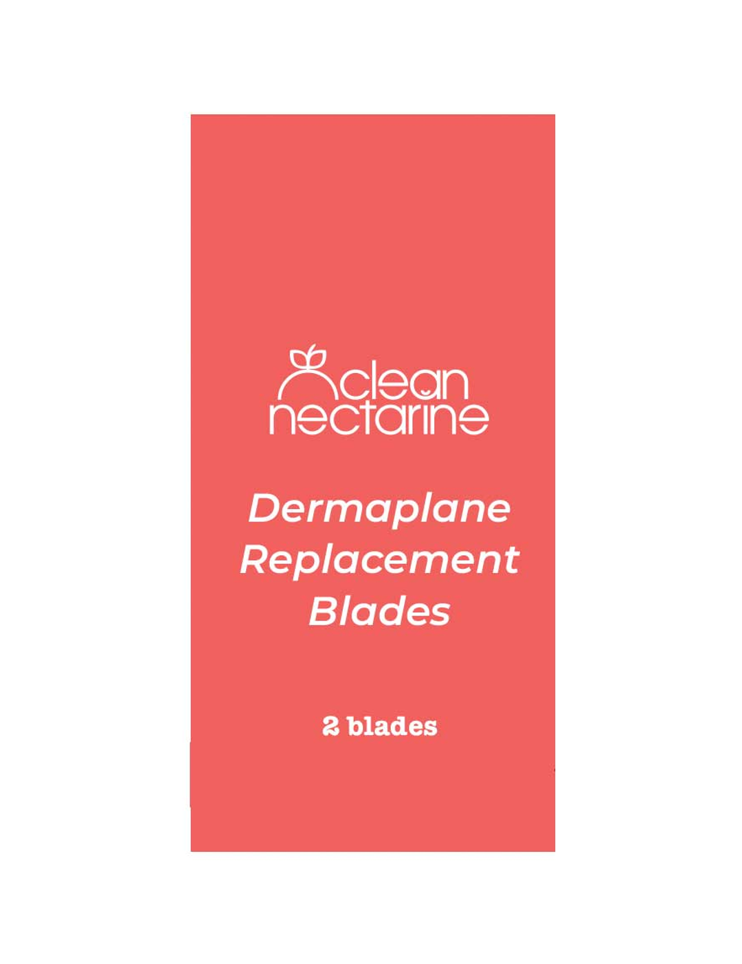 A red rectangular box displays the Clean Nectarine logo and reads "Clean Nectarine Replacement Blades For Reusable Metal Dermaplaner - 2pc" in crisp white font, highlighting these reusable dermaplane razor blades.