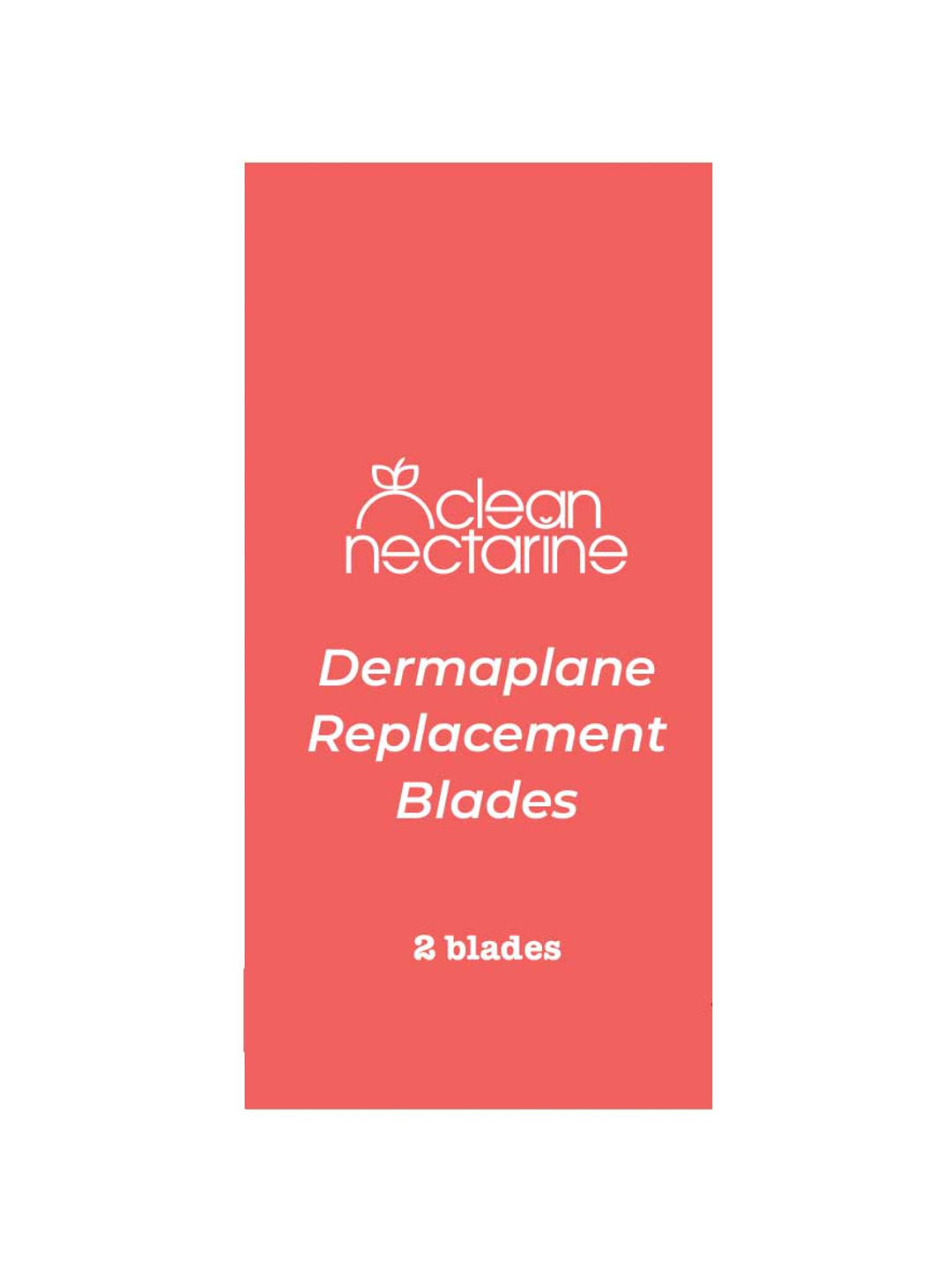 A red rectangular box displays the Clean Nectarine logo and reads "Clean Nectarine Replacement Blades For Reusable Metal Dermaplaner - 2pc" in crisp white font, highlighting these reusable dermaplane razor blades.