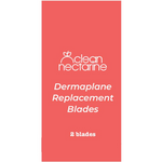 A red rectangular box displays the Clean Nectarine logo and reads "Clean Nectarine Replacement Blades For Reusable Metal Dermaplaner - 2pc" in crisp white font, highlighting these reusable dermaplane razor blades.